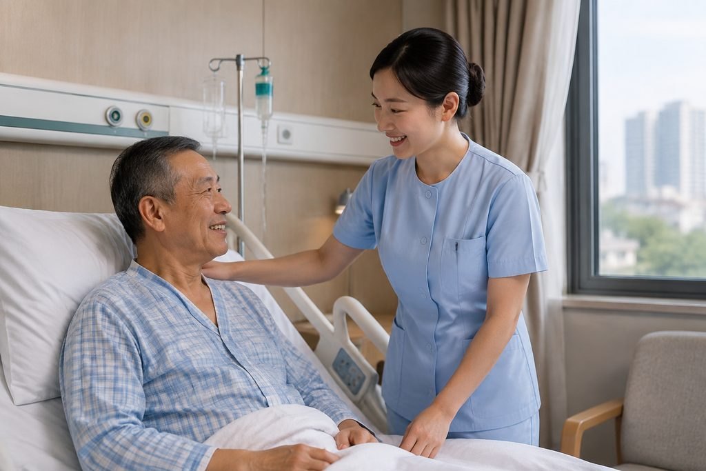 Illustrative image: A nurse interacts with a patient in a hospital room, providing care and support.
