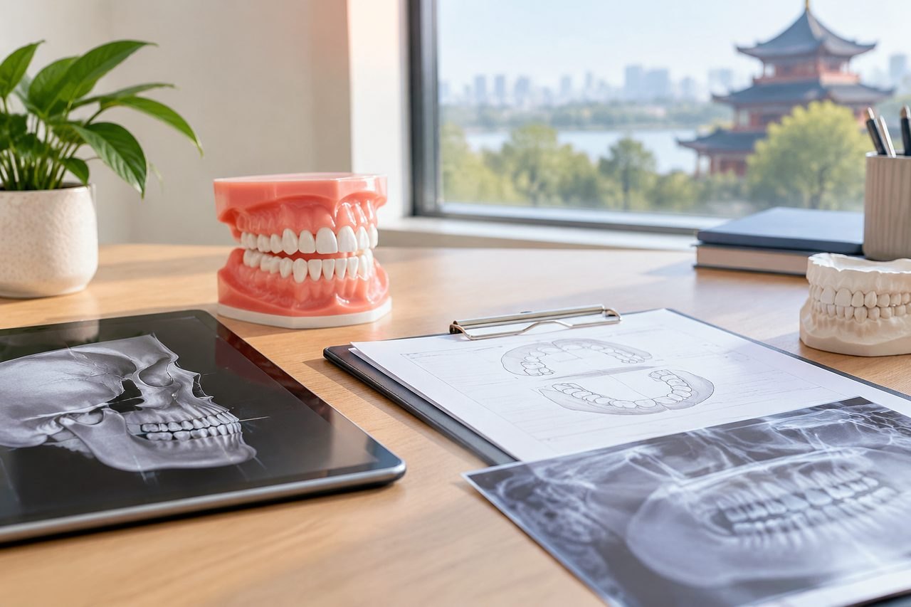 Illustrative image: A dental workspace featuring anatomical models and X-ray images of teeth.