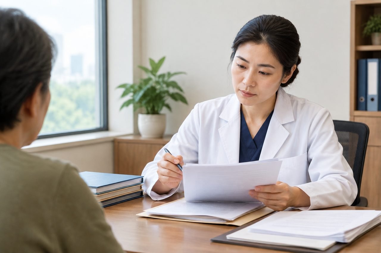 AI illustration: A doctor discusses medical documents with a patient in a consultation room.