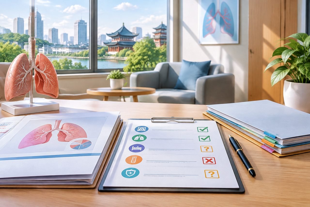 AI illustration: A medical consultation room featuring a lung model and health assessment documents.