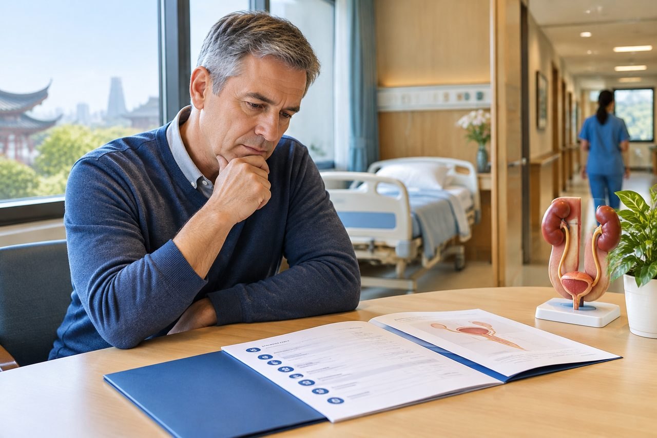 Illustrative image: A man reviews medical documents in a hospital setting, with an anatomical model of a kidney on the table.