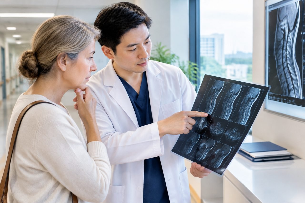 Illustrative image: A doctor discusses medical imaging with a patient in a hospital setting.