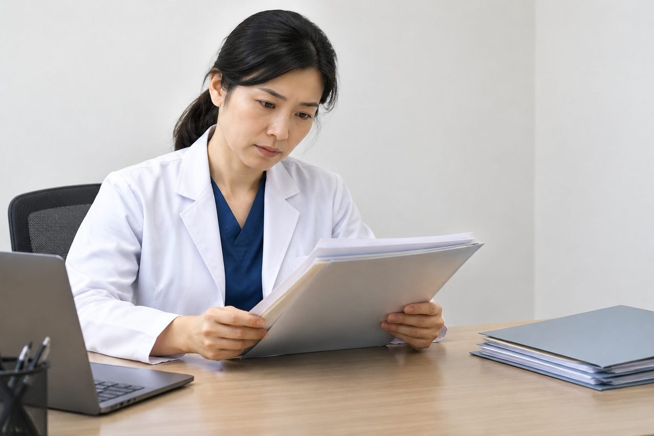 AI illustration: A medical professional reviews documents in a clinical setting.