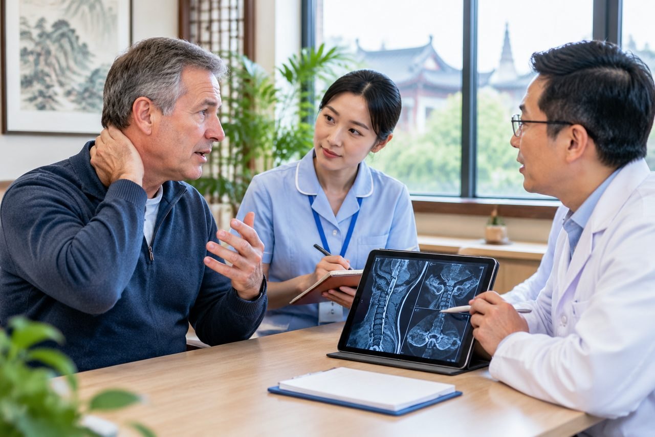 Illustrative image: A patient discusses his condition with medical staff while reviewing imaging results on a tablet.