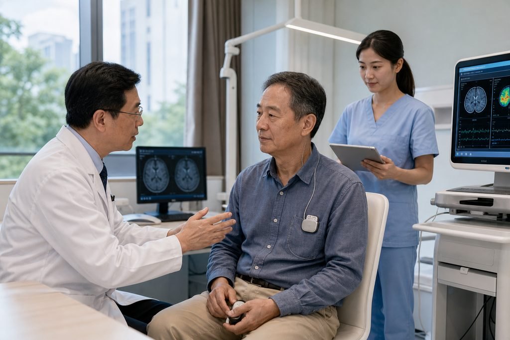 Illustrative image: A doctor discusses medical results with a patient in a clinical setting, while a nurse assists with a tablet.