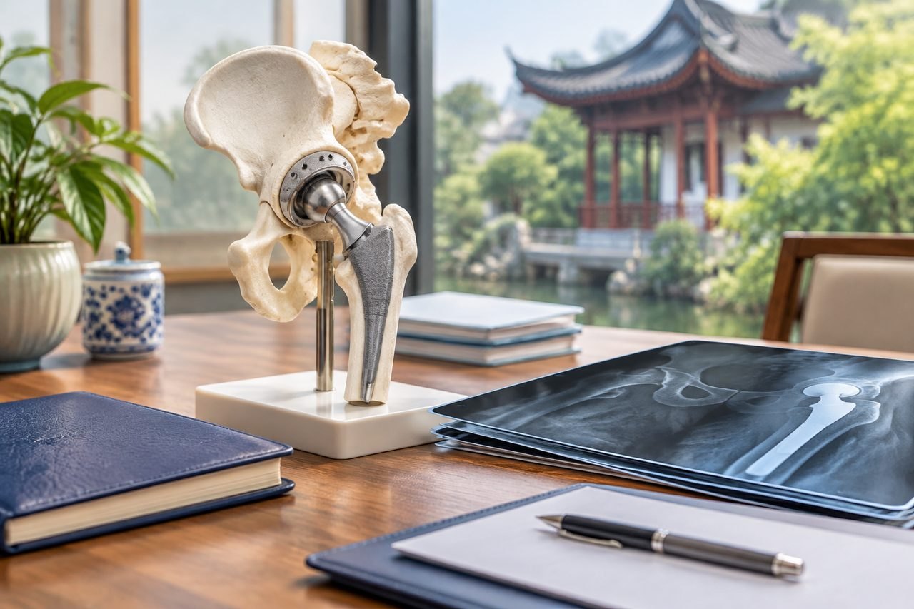 Illustrative image: A detailed anatomical model of a hip joint is displayed on a table with medical documents and a serene outdoor view.