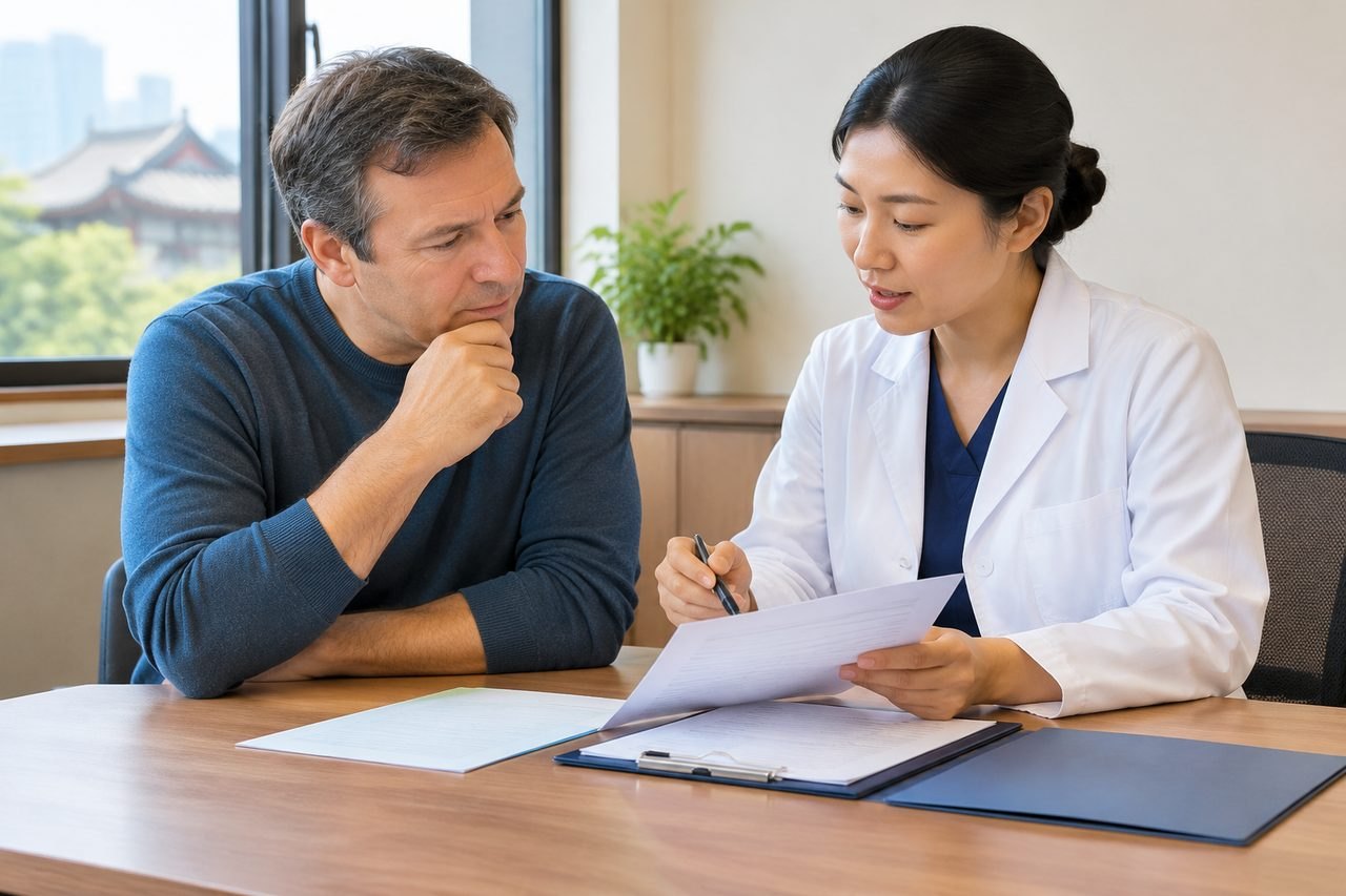 AI illustration: A doctor discusses medical information with a patient during a consultation.