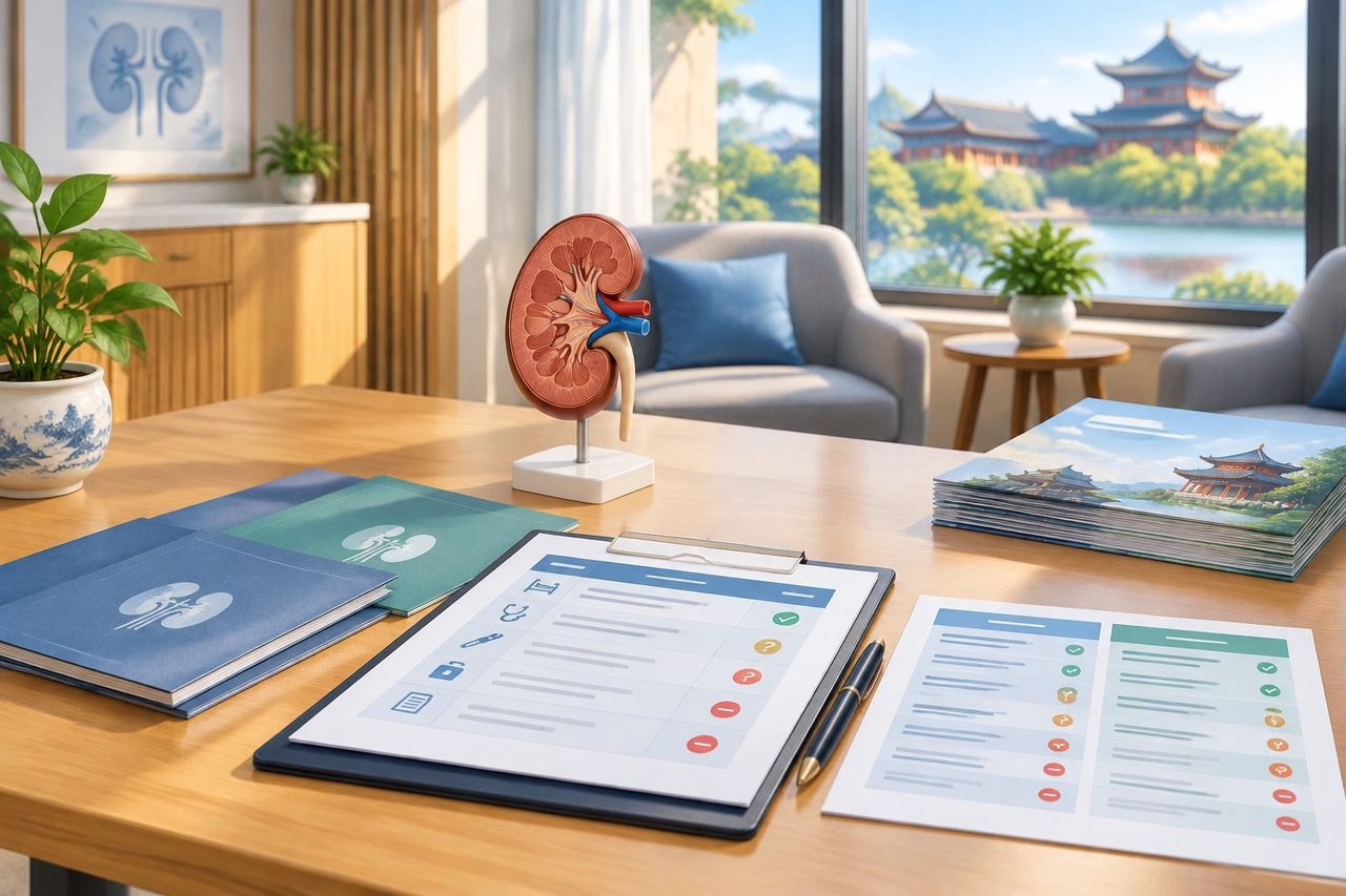 AI illustration: A medical consultation room featuring a kidney model and various medical documents on a table.