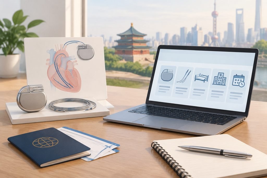 AI illustration: Pacemaker model and schematic planning icons beside travel documents