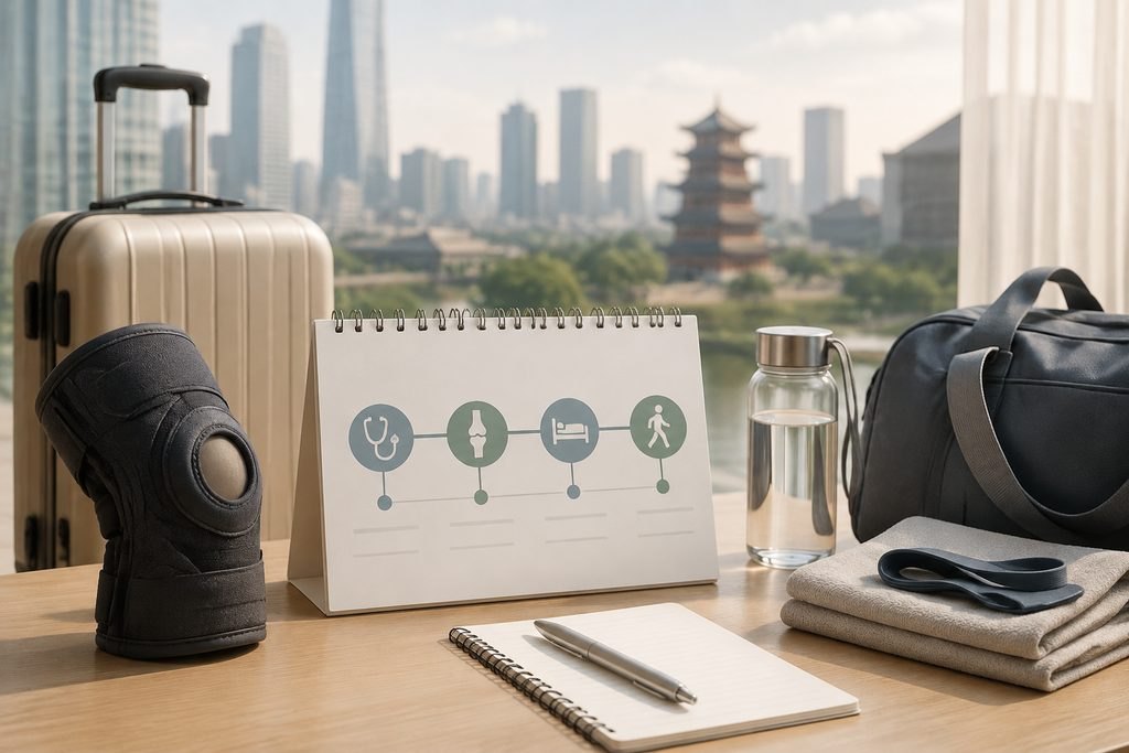AI illustration: Knee support and visit-planning notebook beside travel luggage