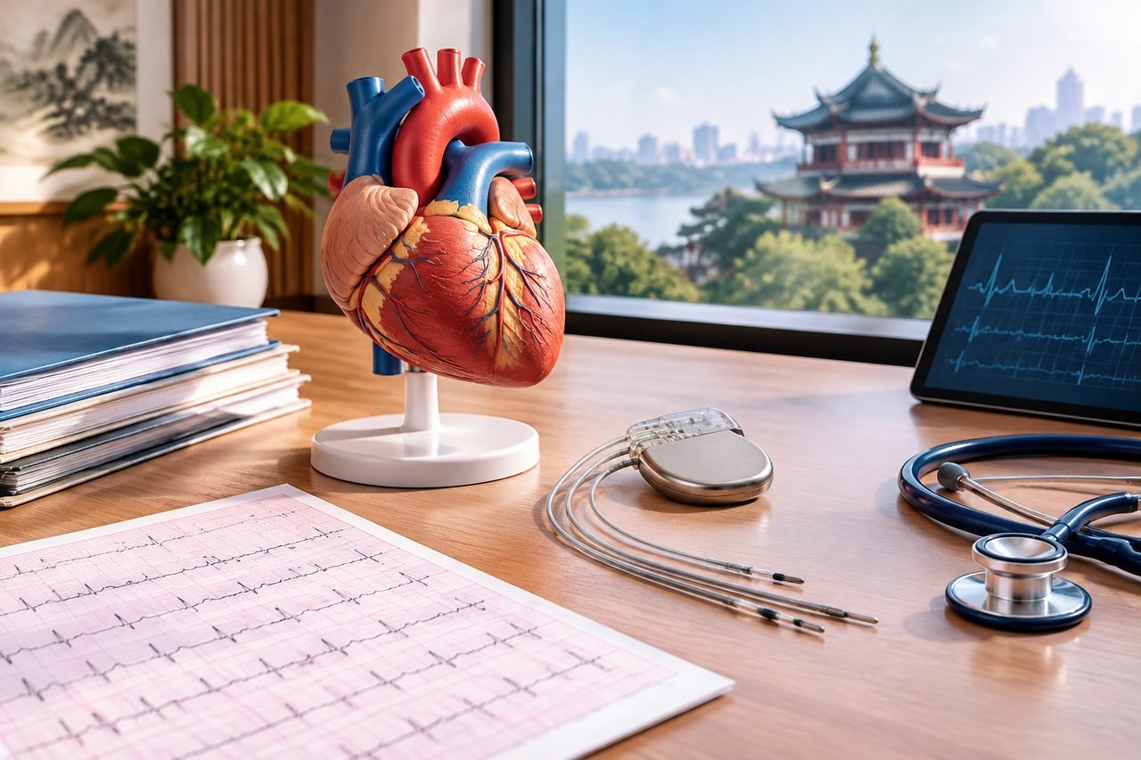 Illustrative image: A medical workspace featuring a heart model, ECG printout, and a digital monitor displaying heart data.