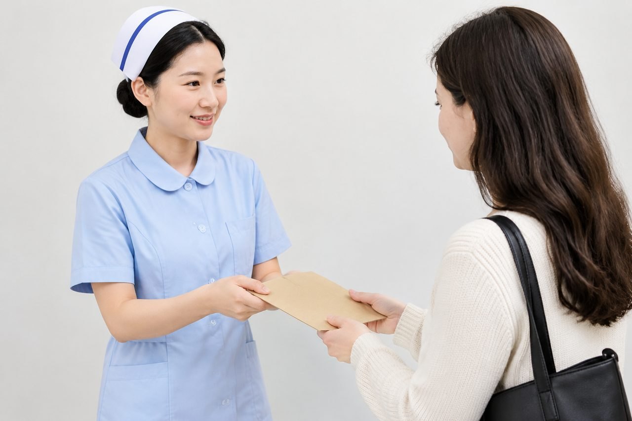 AI illustration: A nurse hands a document to a patient in a clinical setting.