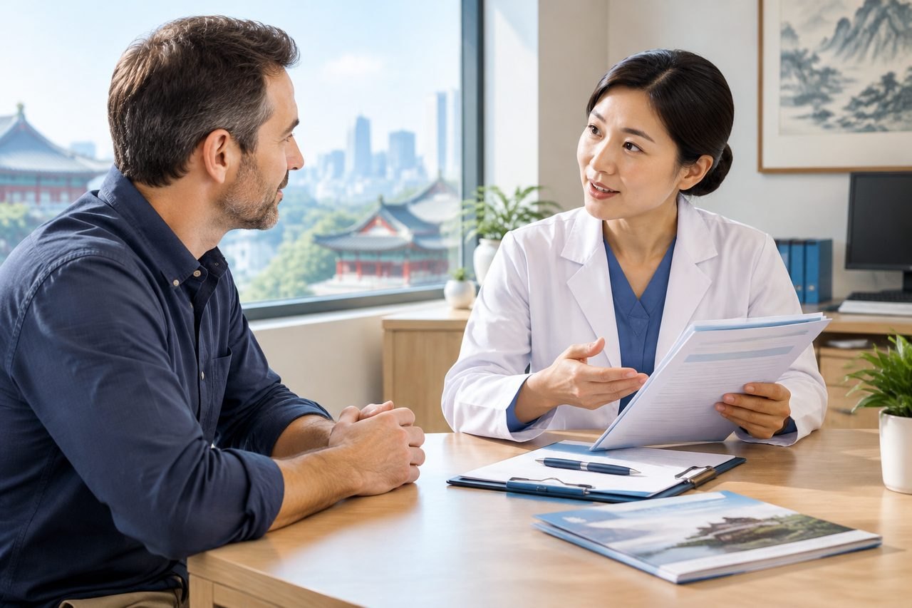 Editorial illustration: Men's Health Screening in China: Receiving Reports After You Leave