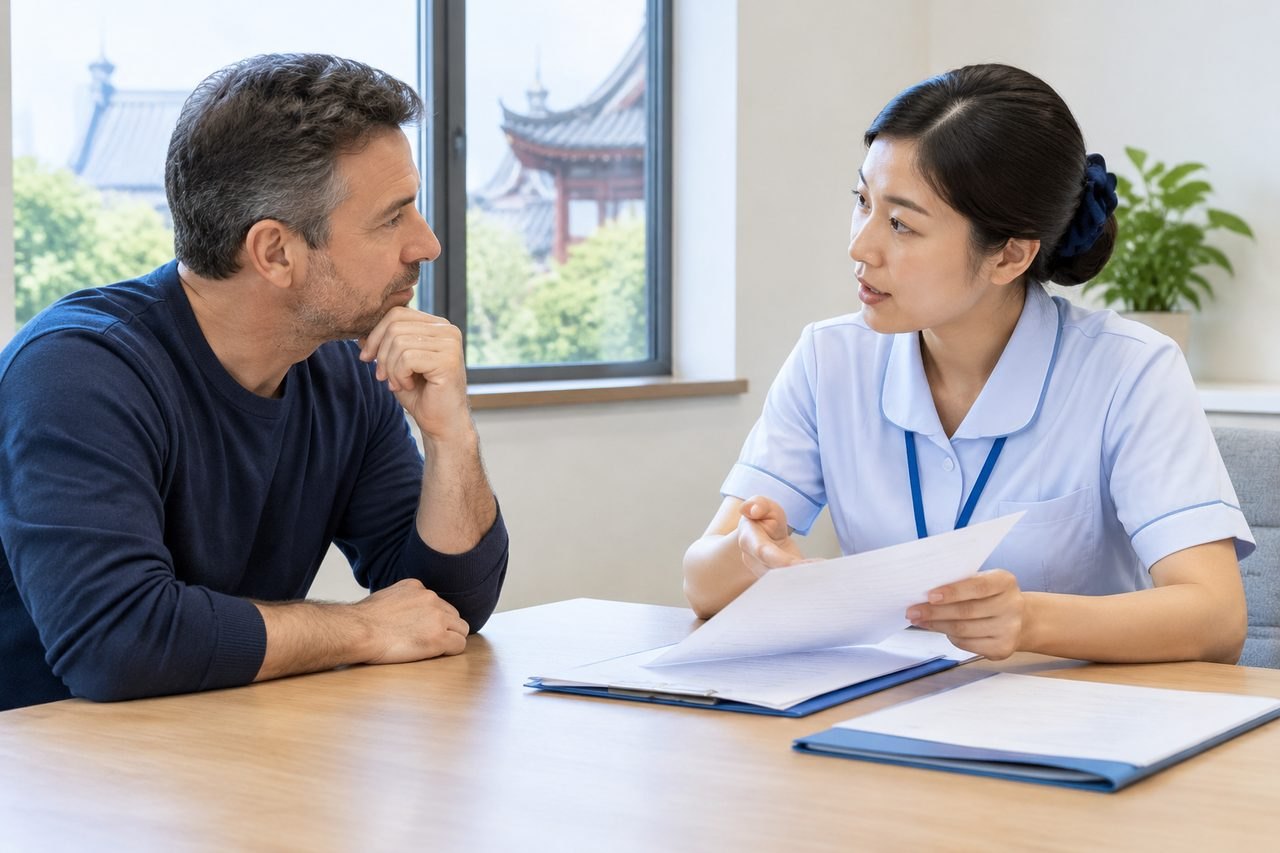 AI illustration: A healthcare professional discusses information with a patient in a consultation room.