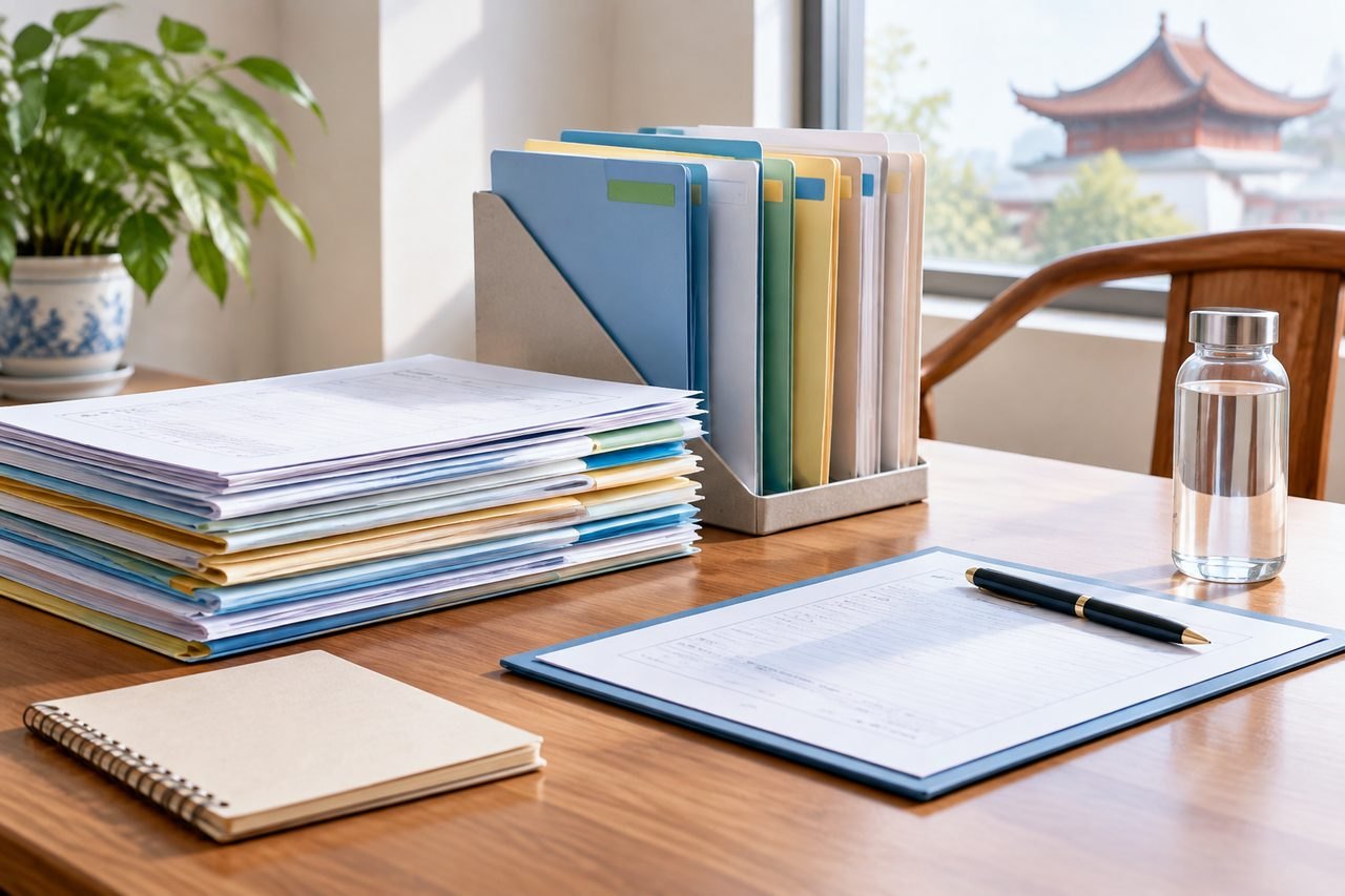 AI illustration: A workspace featuring organized files, a notebook, and a water bottle on a wooden table.