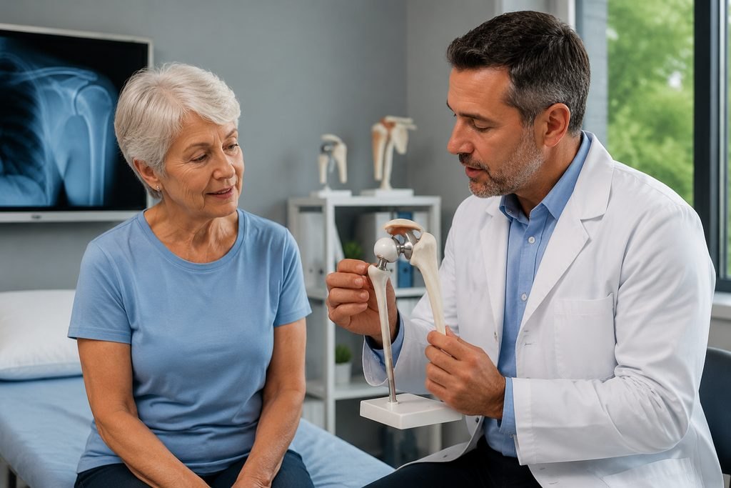 Illustrative image: A doctor explains a knee joint model to a patient during a consultation in a medical office.