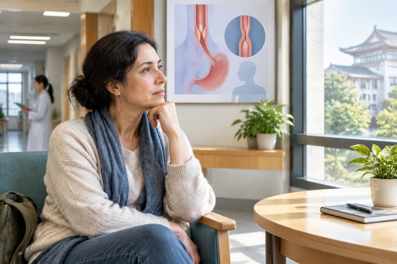Illustrative image: A woman sits thoughtfully in a hospital waiting area, with medical imagery displayed on the wall.