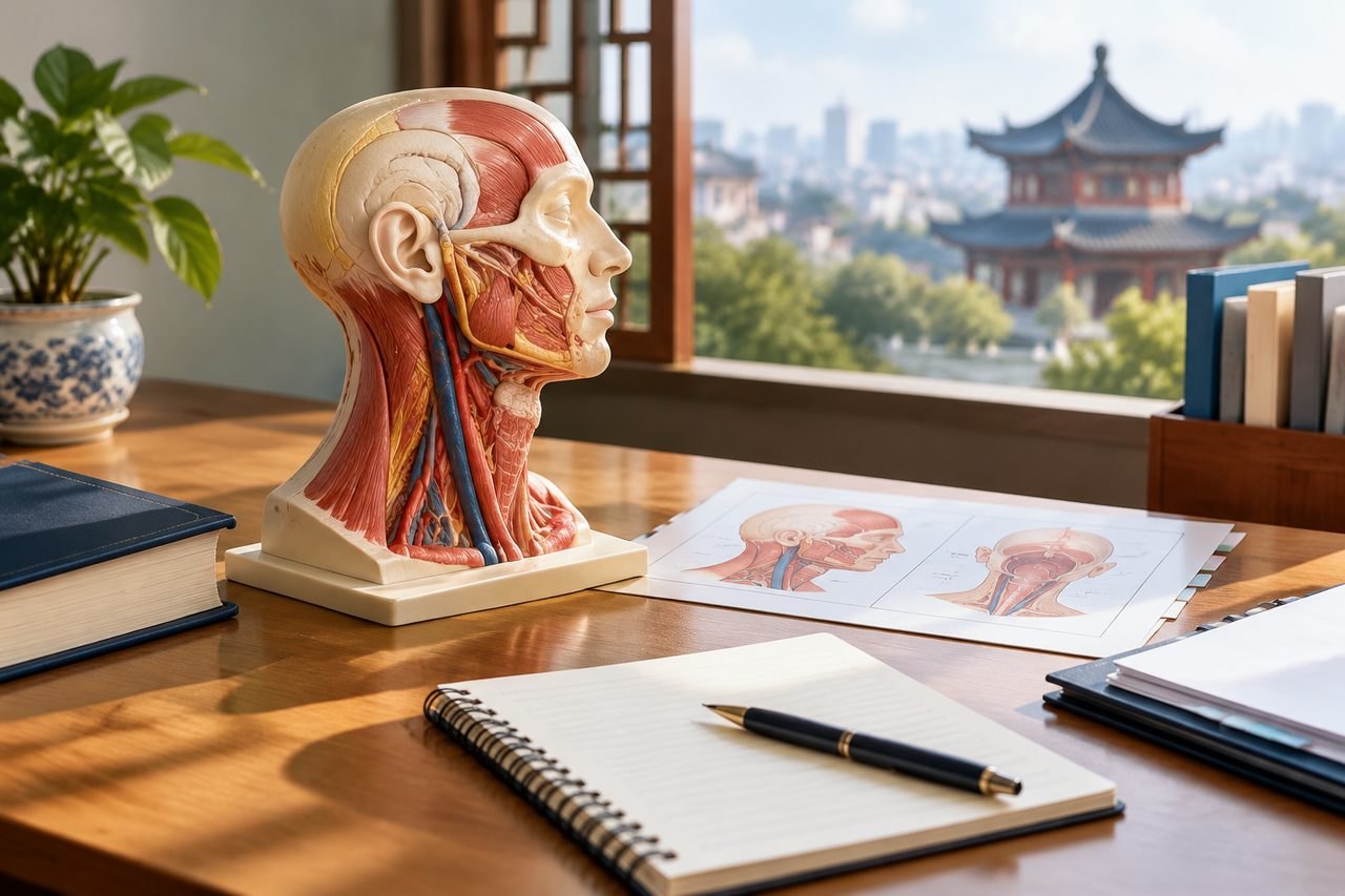 Illustrative image: A detailed anatomical model of the human head is displayed on a desk with medical illustrations and stationery.