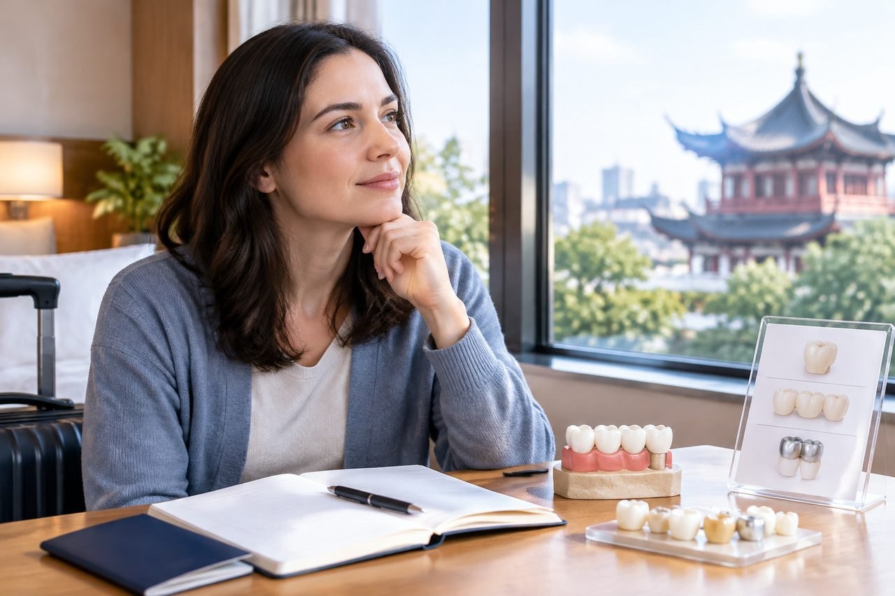 Illustrative image: A woman contemplates dental options while seated at a table with dental models and a notebook.