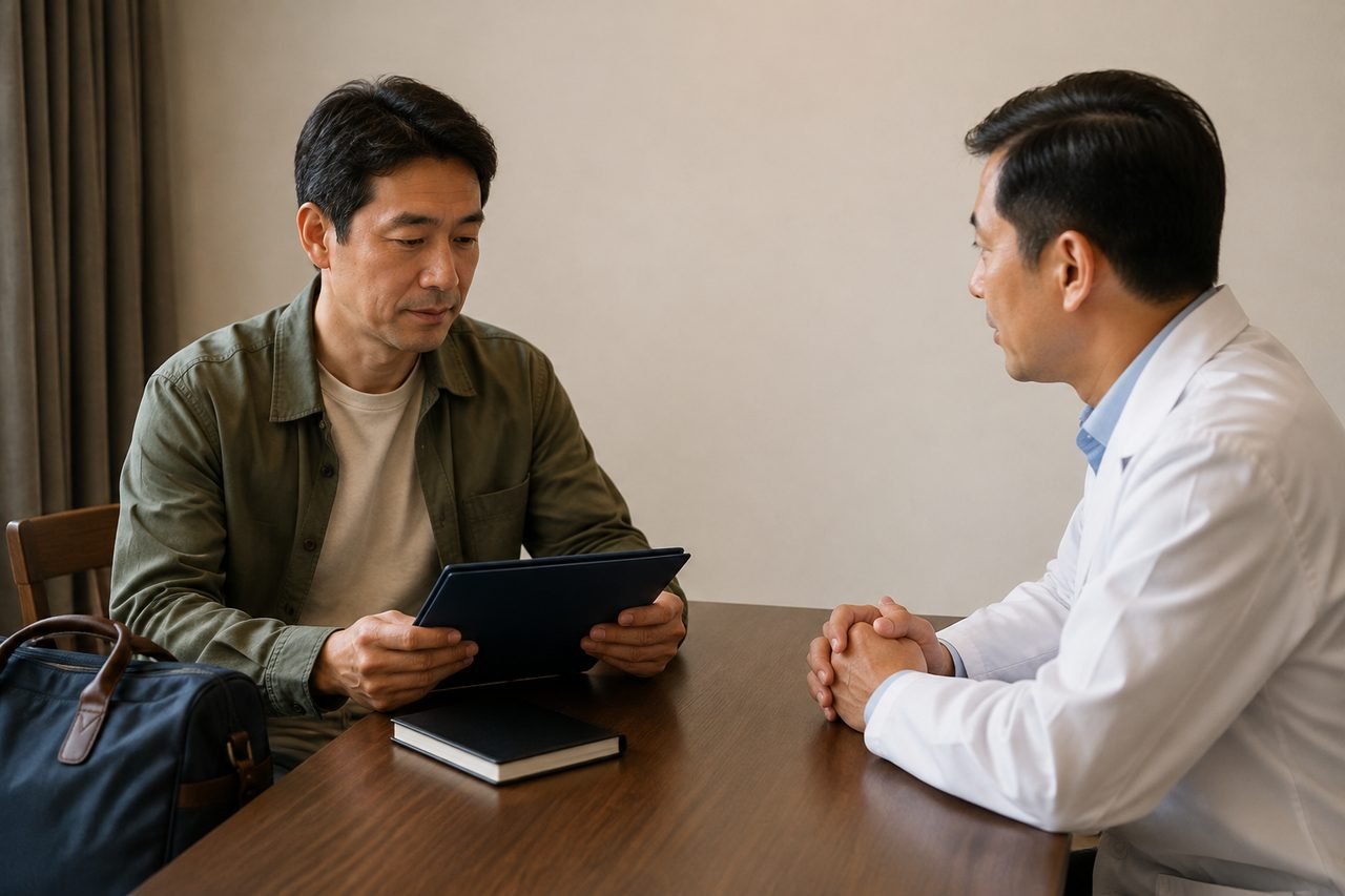 AI illustration: A patient and a doctor engage in a consultation at a table, discussing medical information.