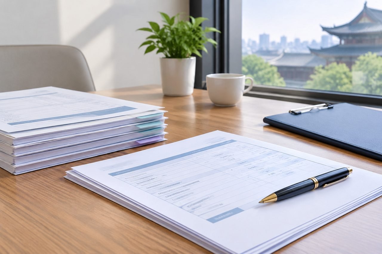 AI illustration: A workspace featuring documents, a pen, and a cup of coffee with a city view in the background.