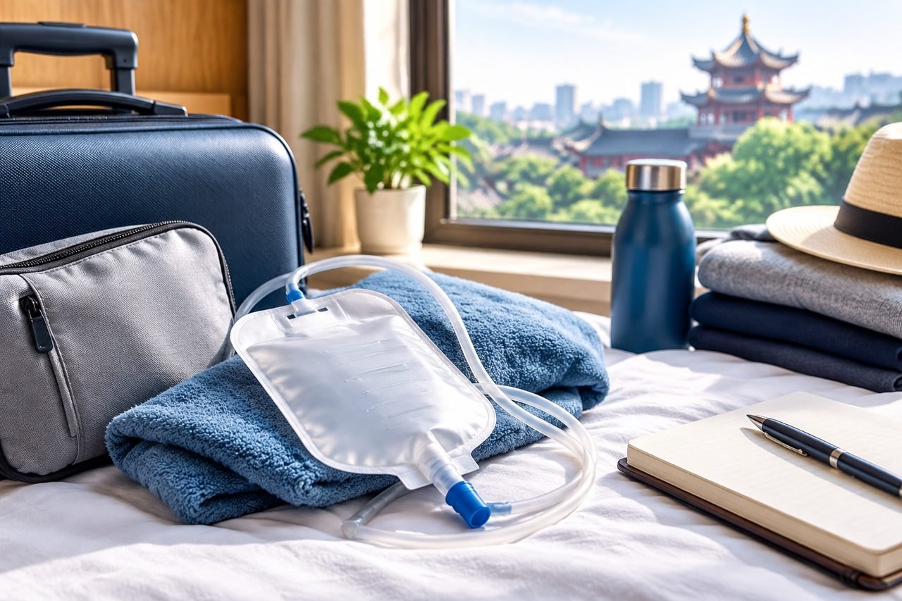Illustrative image: A travel scene featuring medical supplies and personal items on a bed with a city skyline in the background.