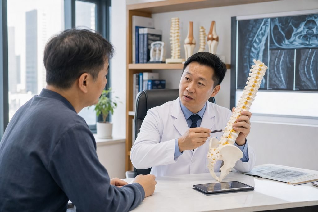 Editorial illustration: Spinal Fusion Surgery in China: Questions About Risks and Alternatives