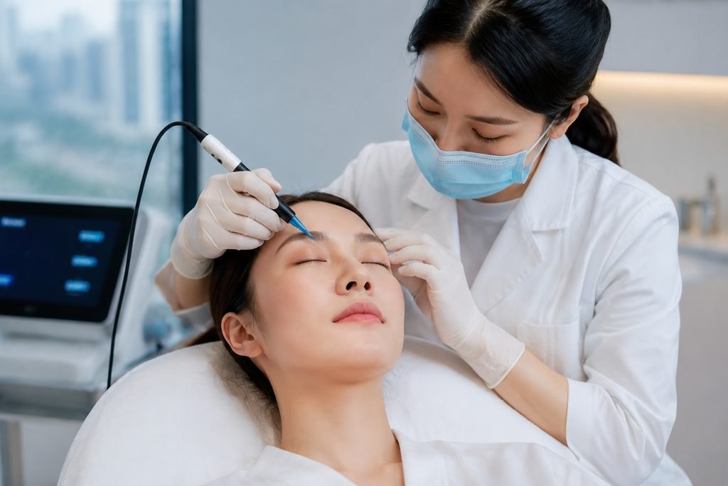 Illustrative image: A medical professional performs a cosmetic procedure on a patient in a clinical setting.