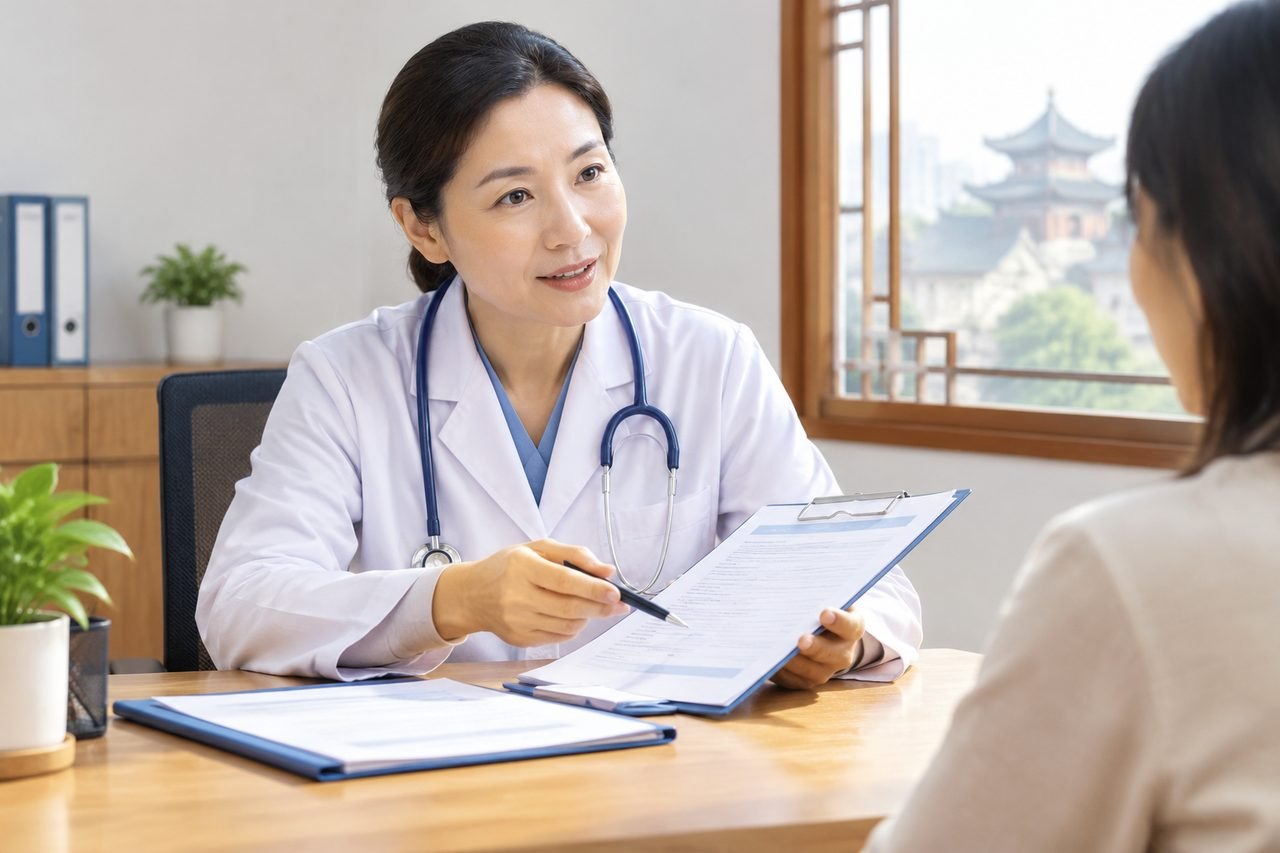 AI illustration: A doctor discusses medical documents with a patient in a consultation room.