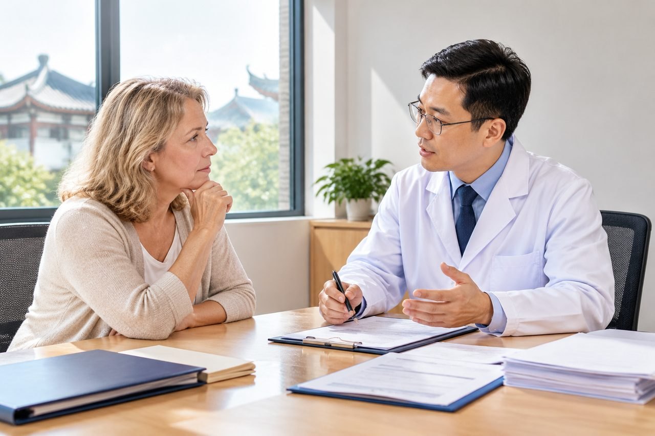 AI illustration: A doctor discusses medical information with a patient in a consultation room.