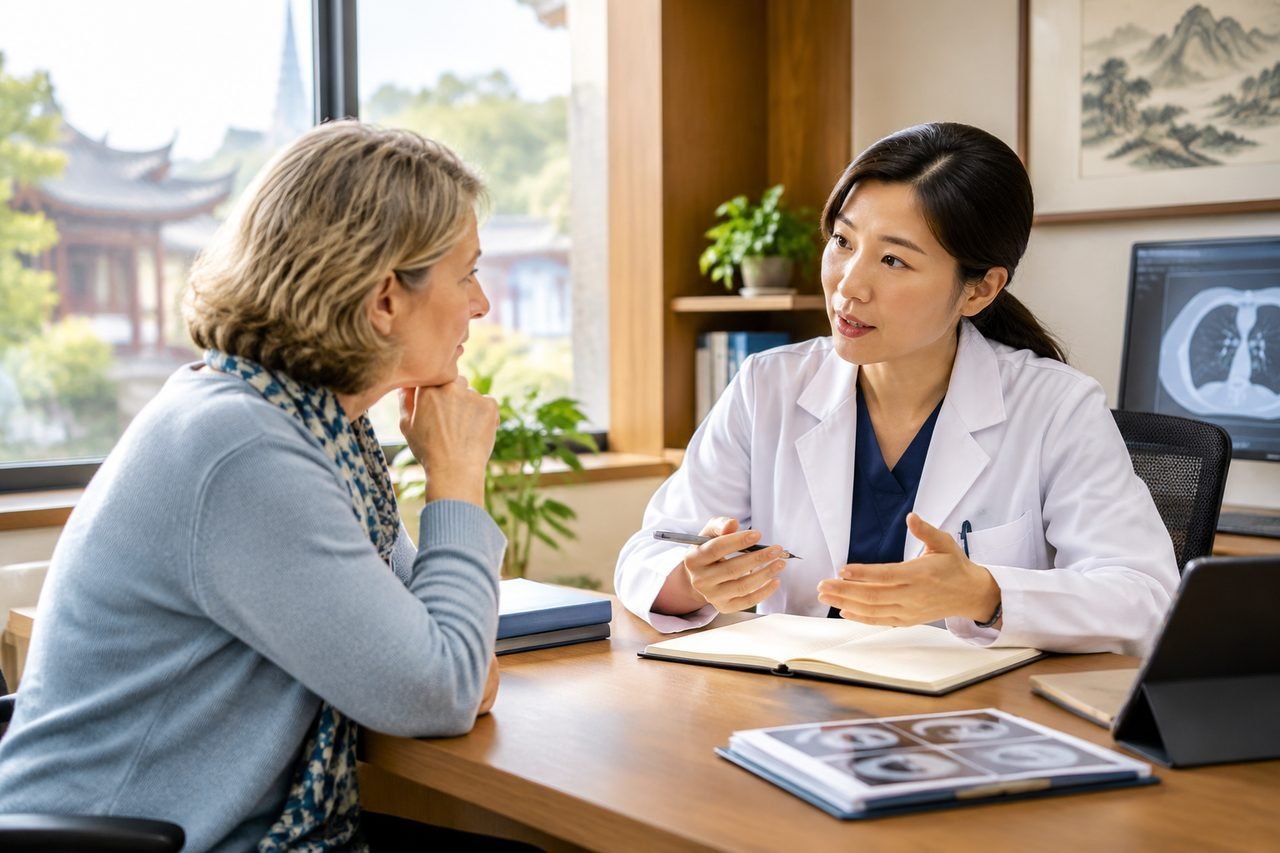 AI illustration: A doctor discusses medical information with a patient in a consultation room.