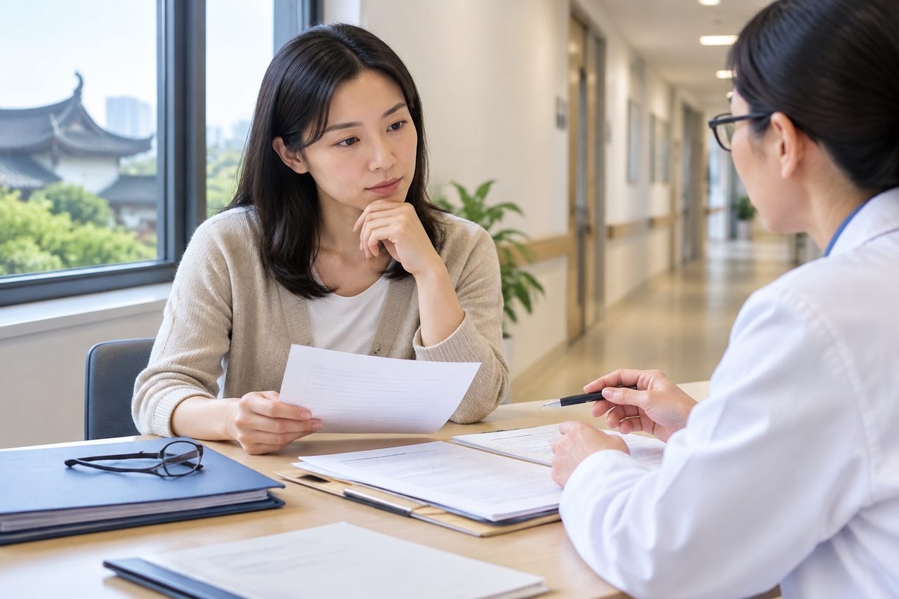 Illustrative image: A patient discusses medical documents with a healthcare professional in a clinic setting.