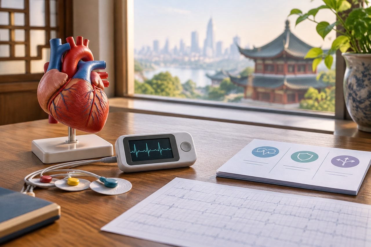 Illustrative image: A medical scene featuring a heart model, a monitor displaying an ECG, and medical documents on a table with a city skyline in the background.