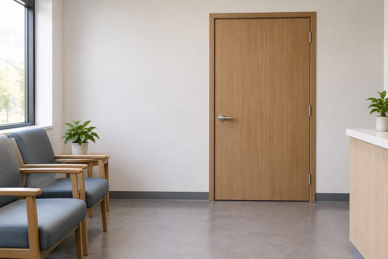 AI illustration: A modern waiting room featuring wooden chairs and a door.