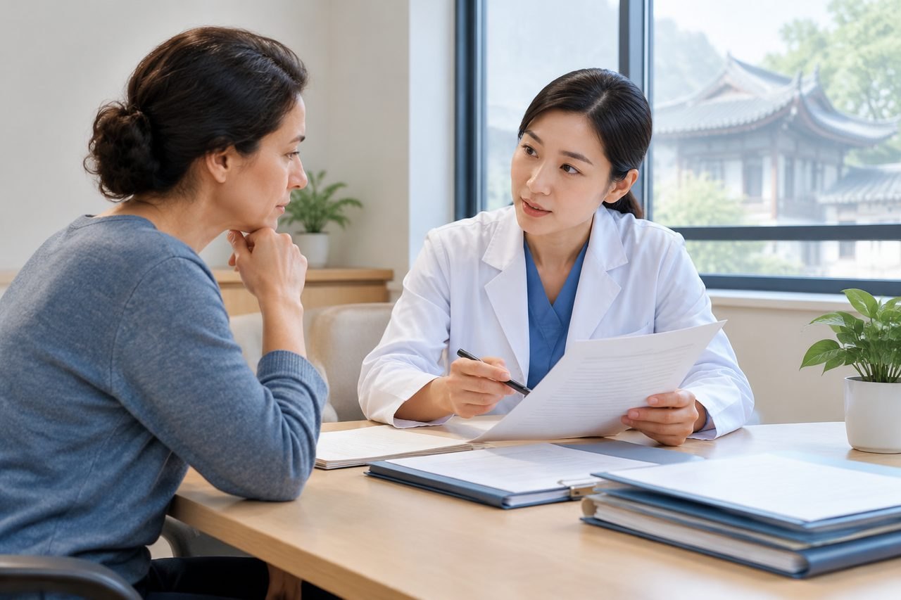 AI illustration: A doctor discusses medical information with a patient in a consultation room.