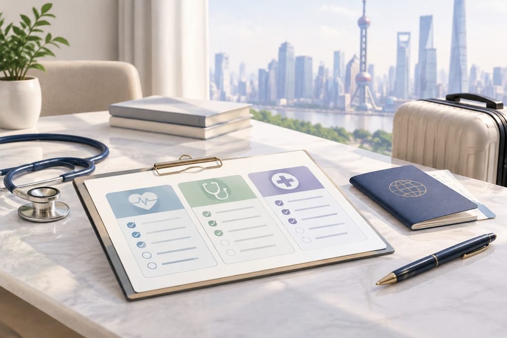 AI illustration: Health-checkup comparison checklist beside travel documents