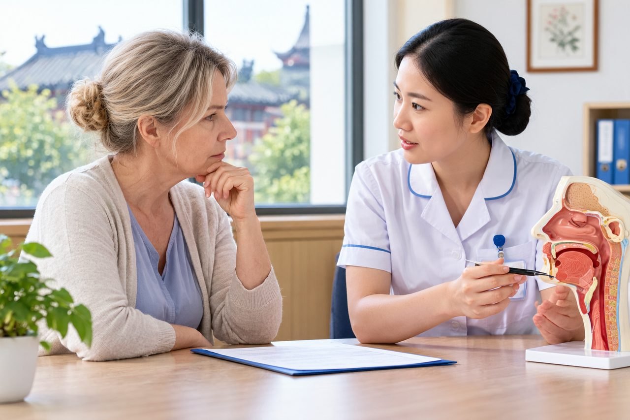 Illustrative image: A healthcare professional discusses anatomy with a patient using a model in a consultation room.