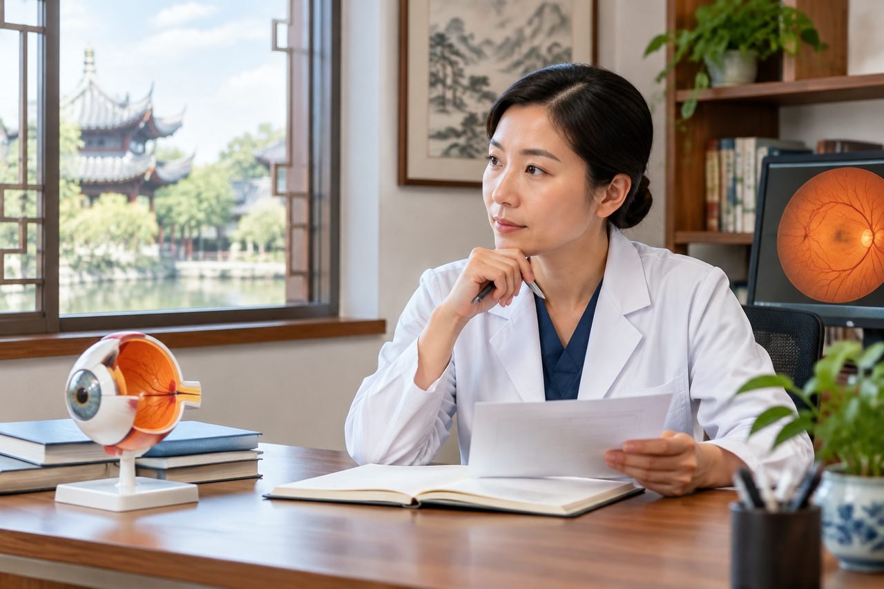 Illustrative image: A medical professional reviews documents in a clinic room with an anatomical eye model and a monitor displaying an eye image.