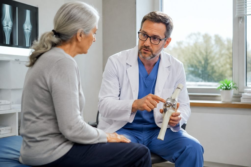 Illustrative image: A doctor explains a knee joint model to a patient during a consultation.