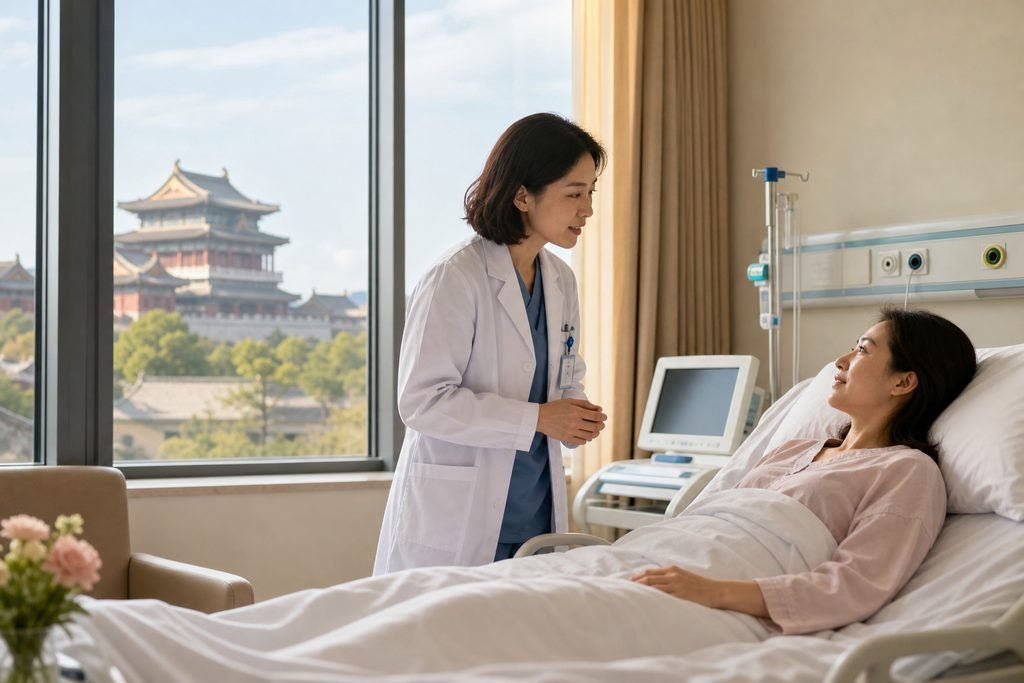 Fictional clinician speaking with an adult woman during a hospital review.