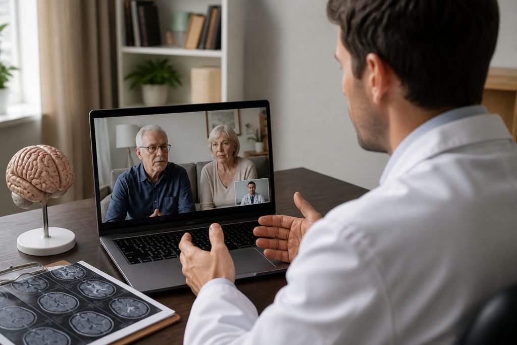Illustrative image: A doctor conducts a telemedicine consultation with elderly patients via laptop, with a brain model and medical scans visible on the table.