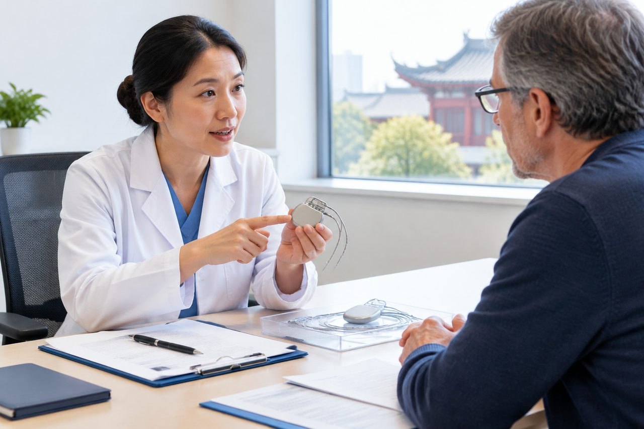 AI illustration: A doctor explains a medical device to a patient during a consultation.