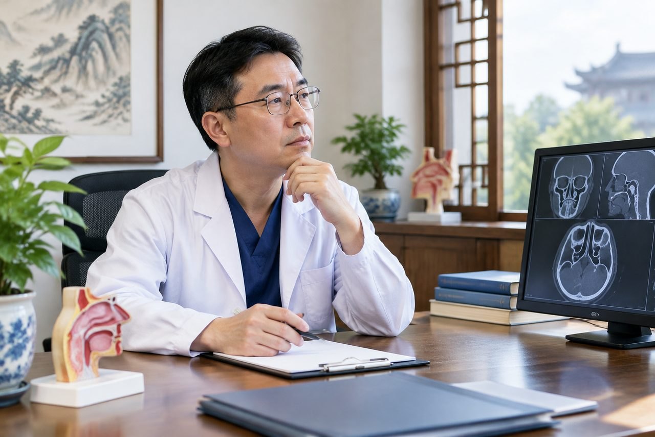 Illustrative image: A doctor in a consultation room reviewing medical imaging.