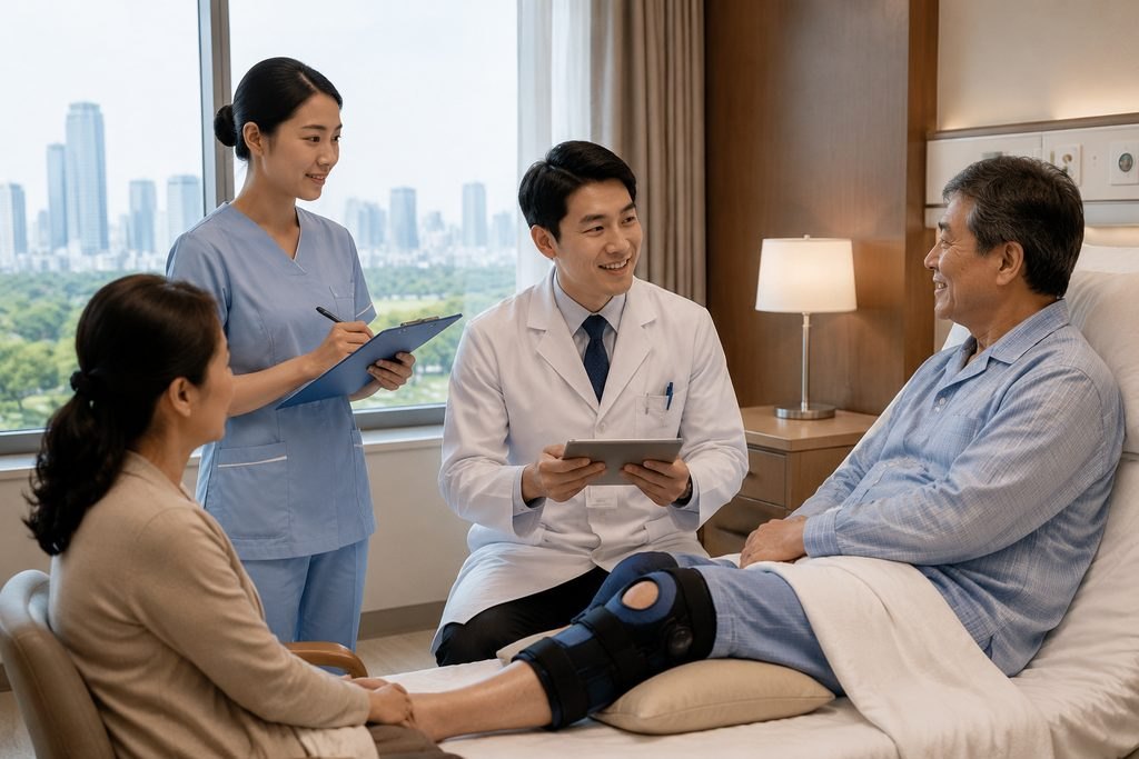 Illustrative image: A doctor and nurse discuss a patient's condition in a hospital room with a city skyline view.
