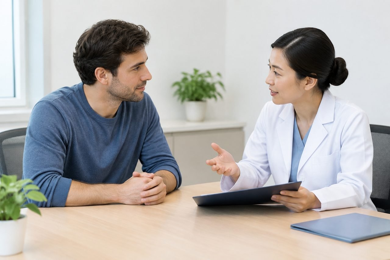 AI illustration: A doctor discusses with a patient in a consultation room.