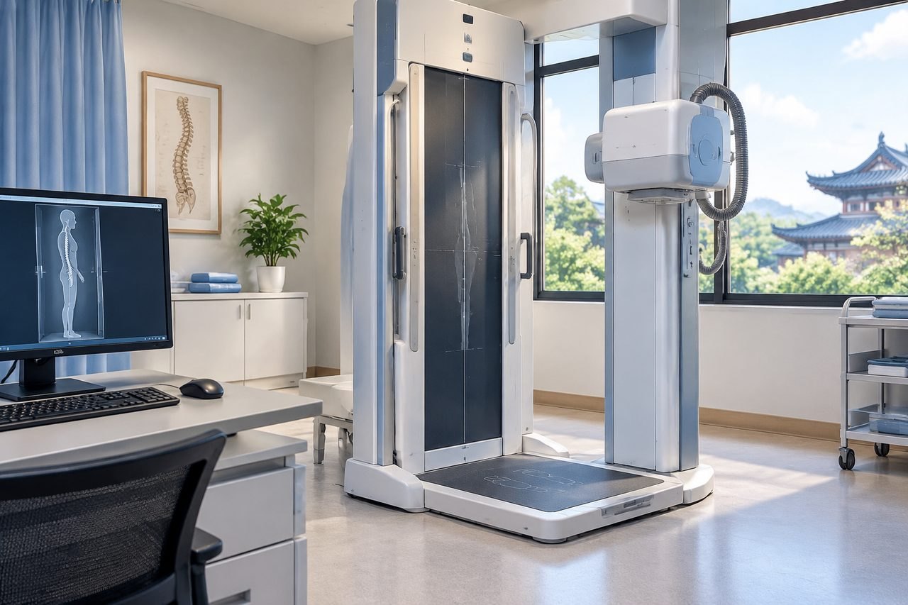 AI illustration: A modern medical examination room featuring an imaging machine and a computer displaying a spinal diagram.