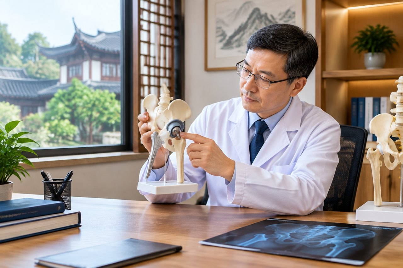 Illustrative image: A doctor demonstrates a pelvic model during a consultation in a medical office.
