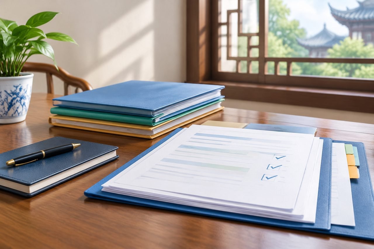 AI illustration: A desk with organized folders, documents, and a plant, illuminated by natural light.