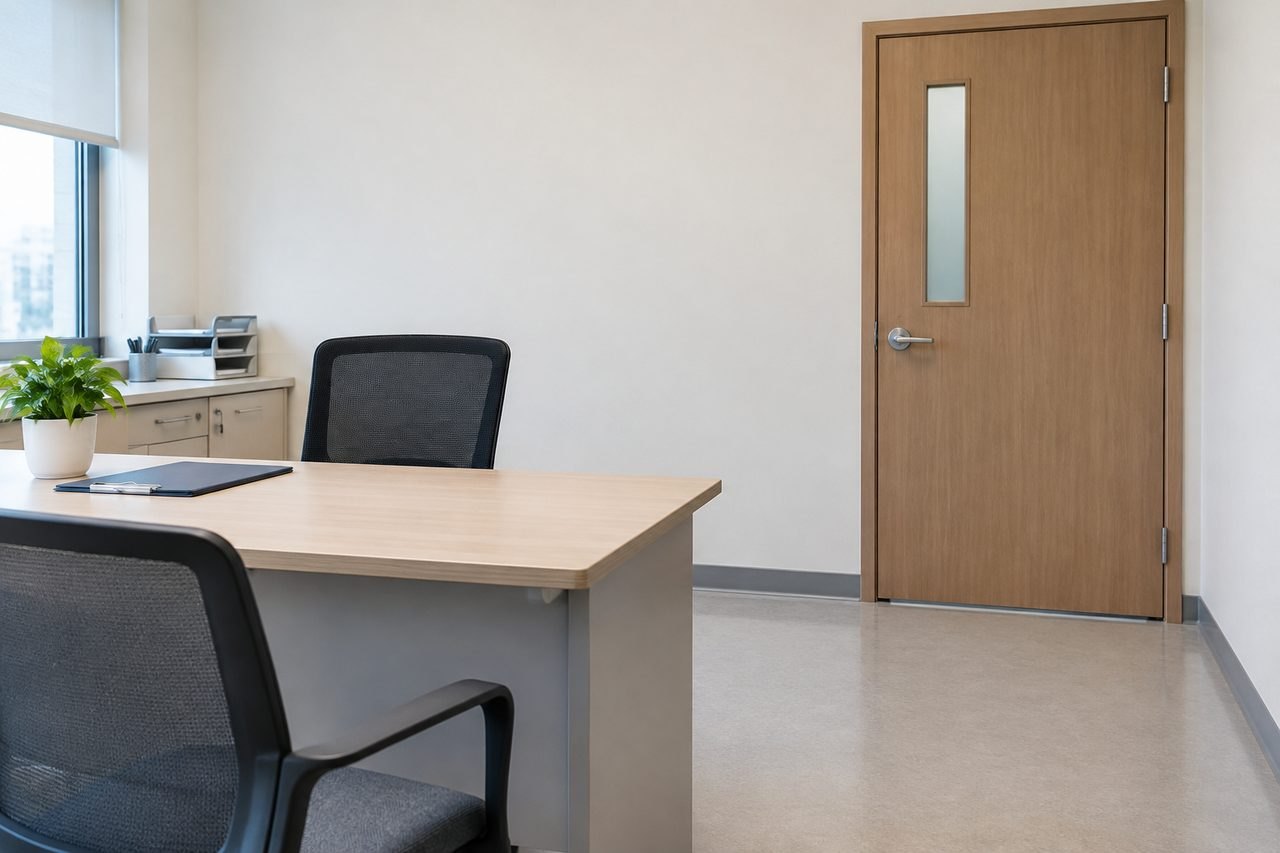 AI illustration: A modern office space featuring a desk, chairs, and a door.