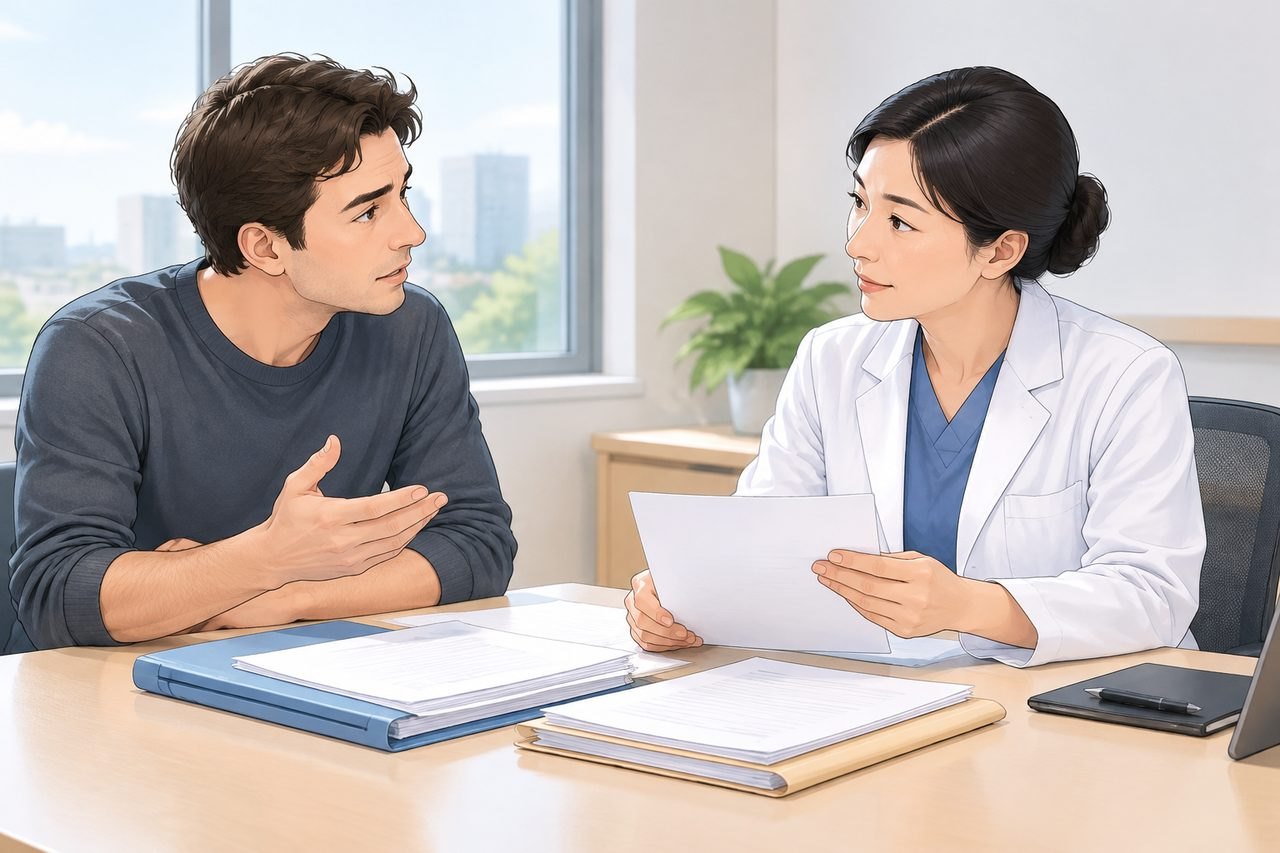 AI illustration: A doctor discusses medical information with a patient in a consultation room.